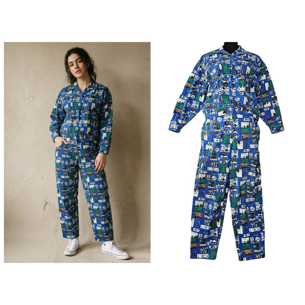 Vintage Crazy Horse 2 Piece Pant Set Womens Size 8 Rugby Comic Print Denim 90s - Picture 1 of 16
